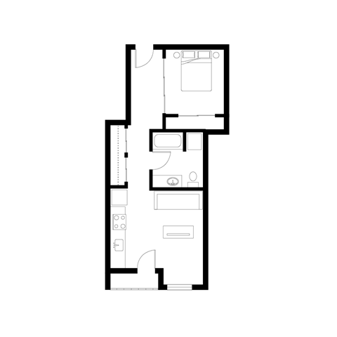 Floor plan for 1 bed, 1 bath, 625 sqft